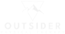 A white logo for outsider physical therapy with a mountain in the background.