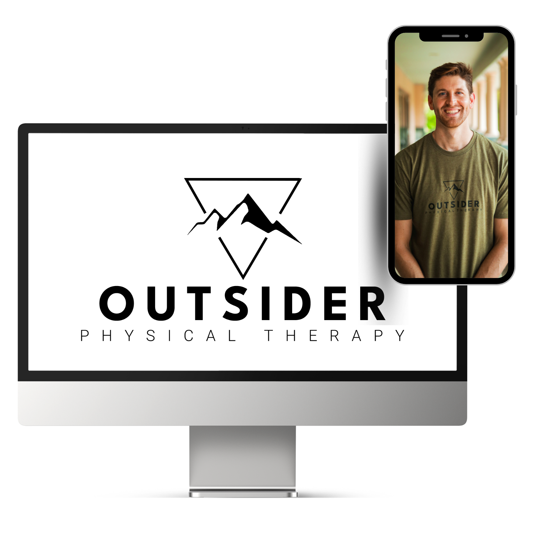 A computer monitor with a logo for outsider physical therapy and a picture of a man on it.