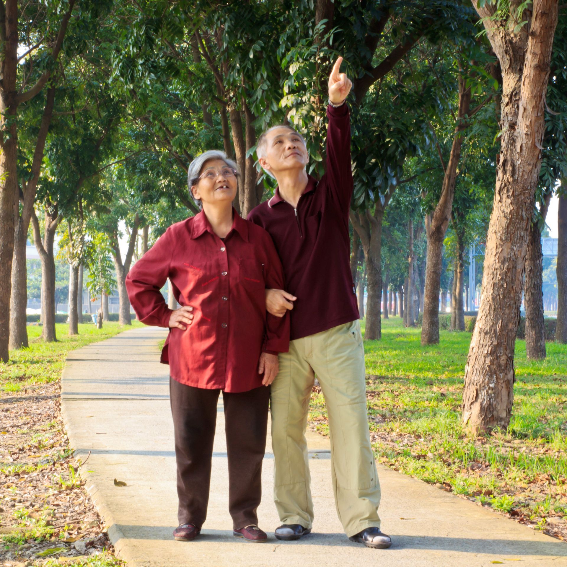 Elderly couple walking on a path in a park; man points up, woman smiles.