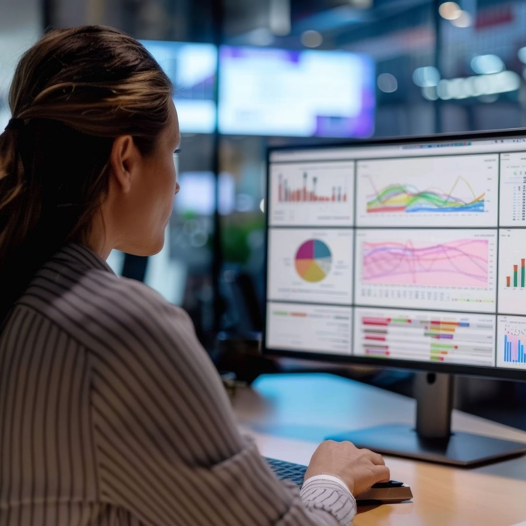 Woman in office analyzes data on computer screen with charts and graphs.