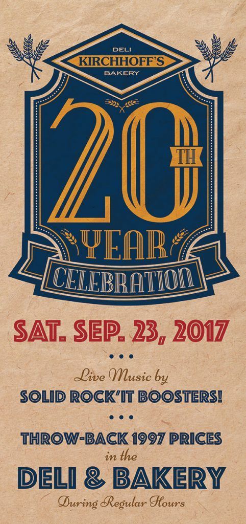A poster for a 20 year celebration at the deli & bakery