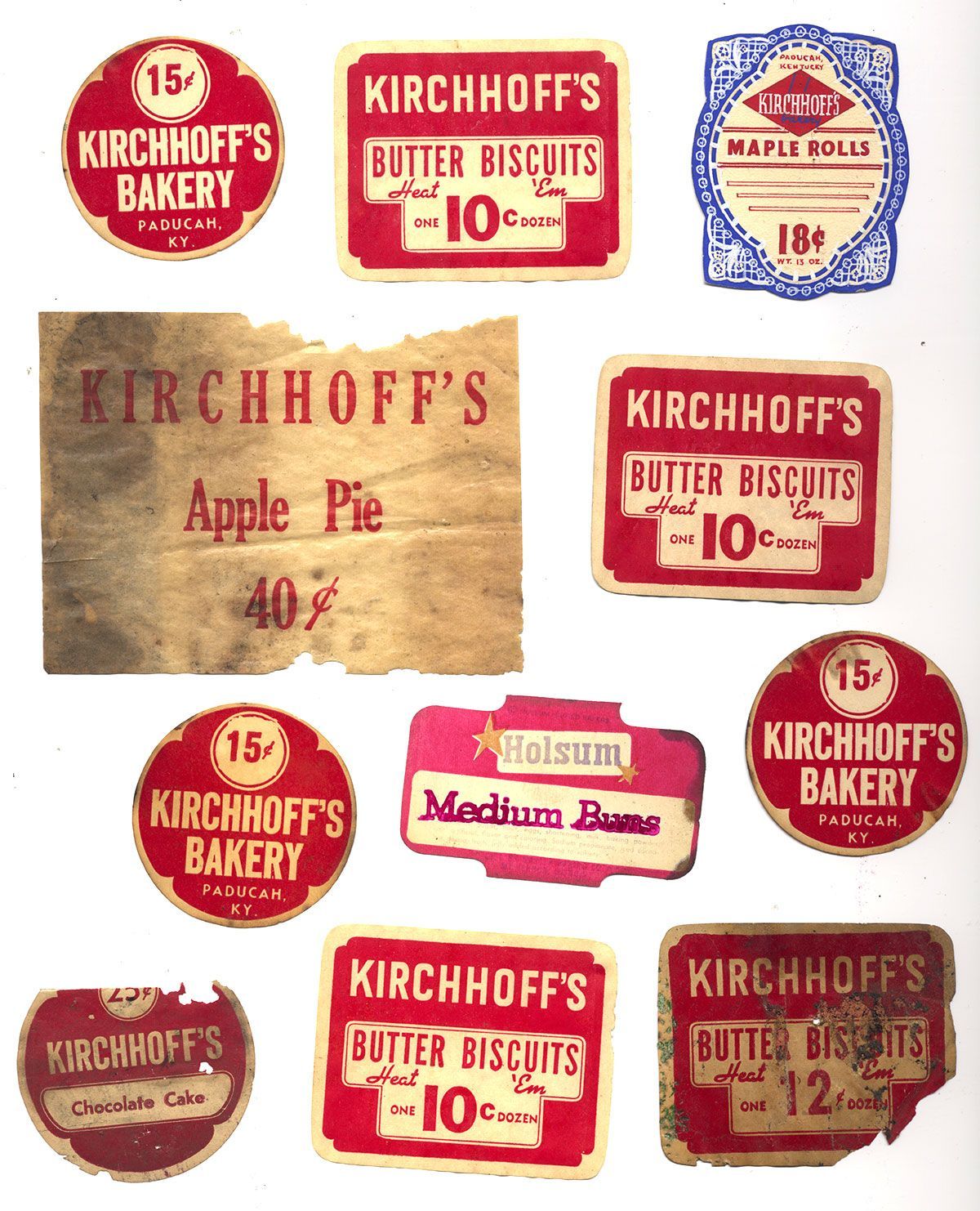 A bunch of labels that say kirchhoff 's bakery on them