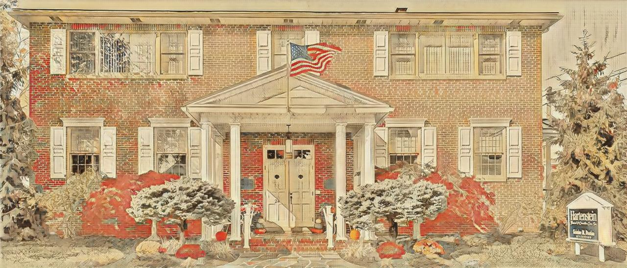 A painting of a large house with a flag on top of it.