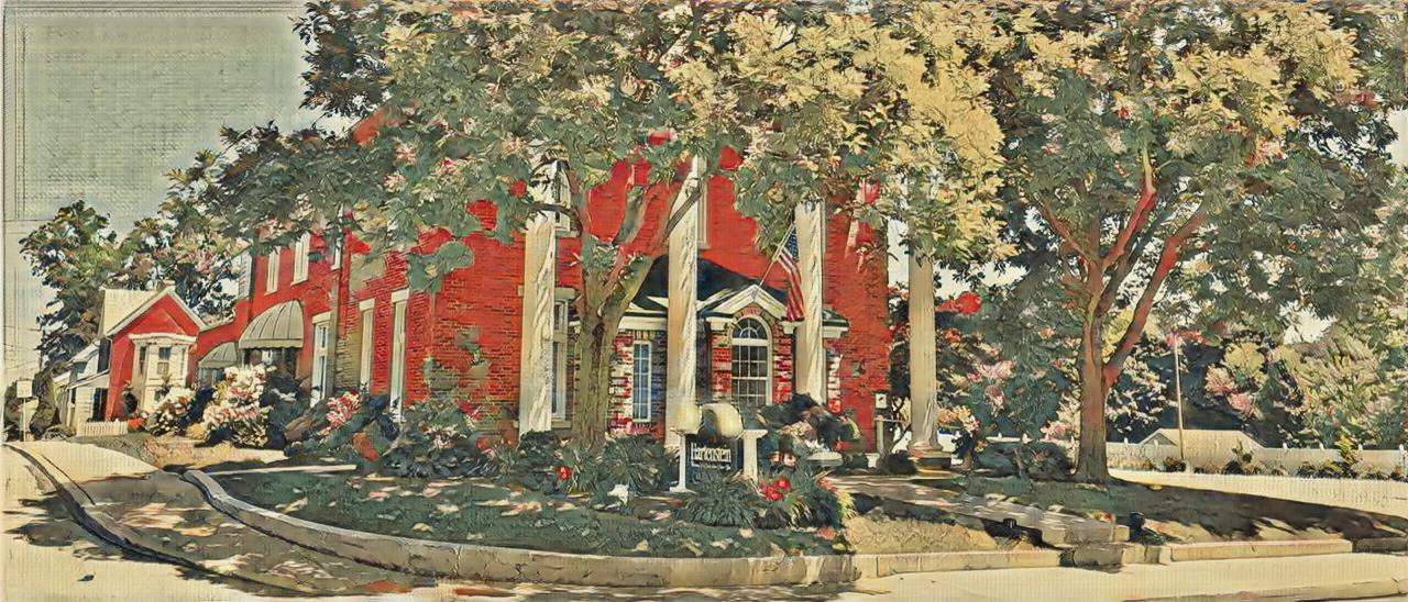 A painting of a red barn surrounded by trees.