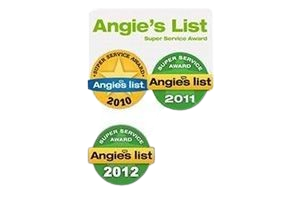 Angie's List Super Service Award badges: 2010 (gold star), 2011 & 2012 (green).