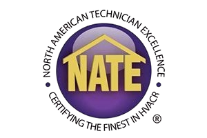 NATE certification logo: gold text "NATE" inside house outline, purple circle, white text on circle.