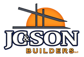 a logo for jc & son builders llc with an orange sun in the background