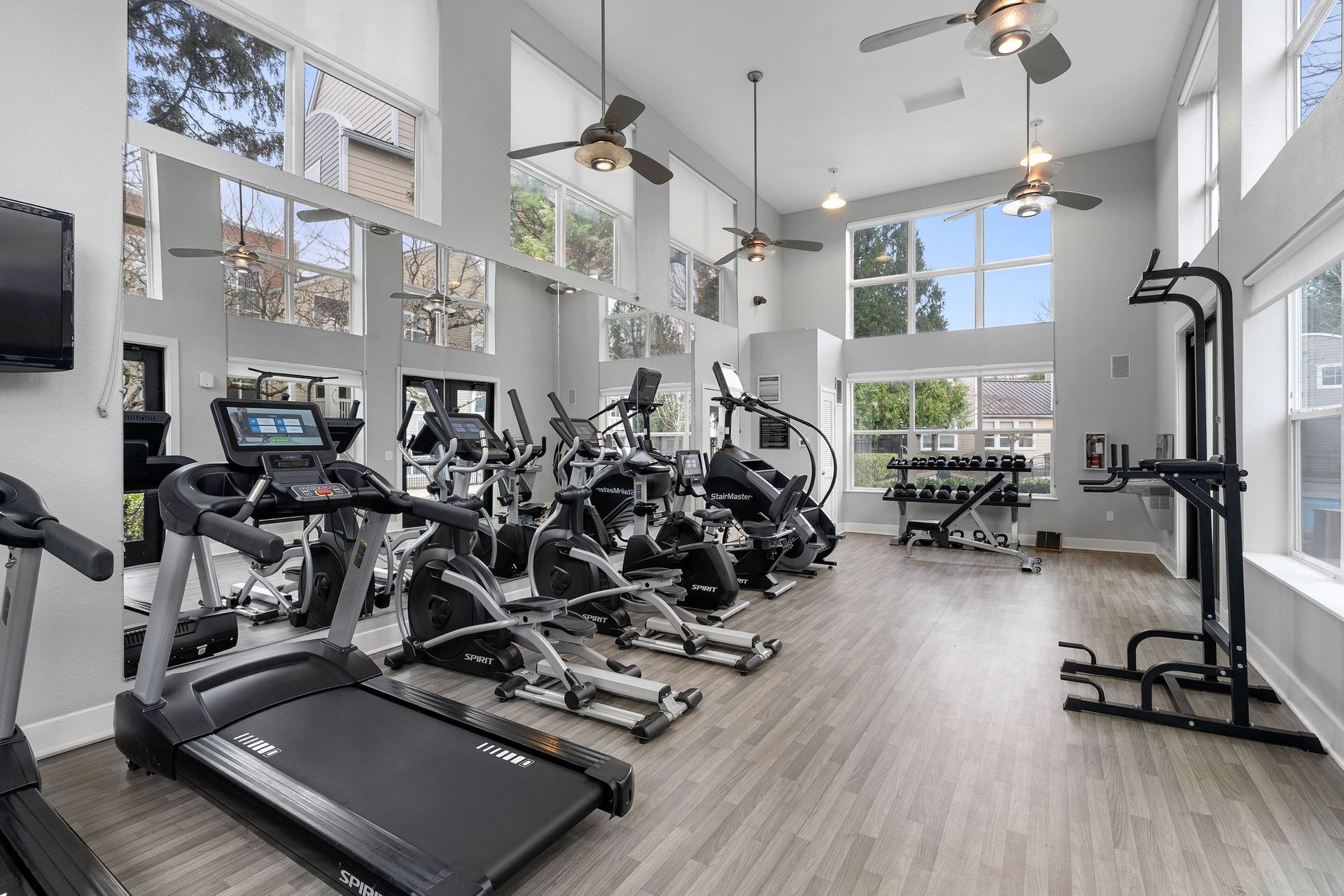 Gym with cardio machines, weights, and pull-up bar, next to windows with outdoor views.
