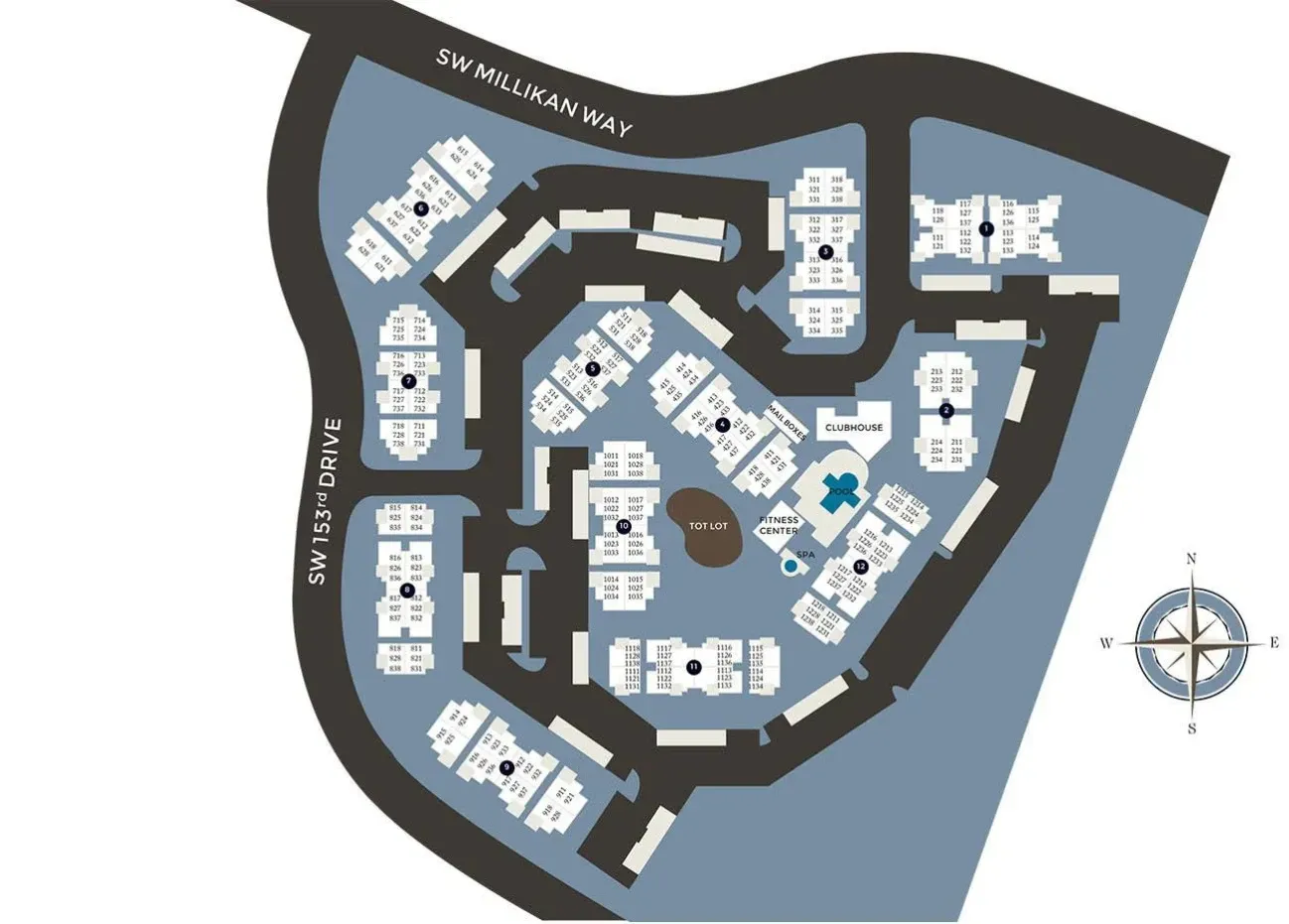 Apartment complex map: Cameron Oaks. Buildings labeled A-L. Roads, parking, pool. Blue, white, gray.