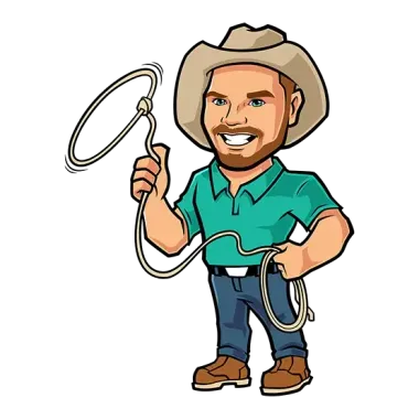 A cartoon of a man in a cowboy hat holding a lasso.