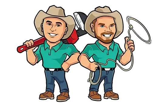 Two men in cowboy hats are holding a wrench and a lasso.