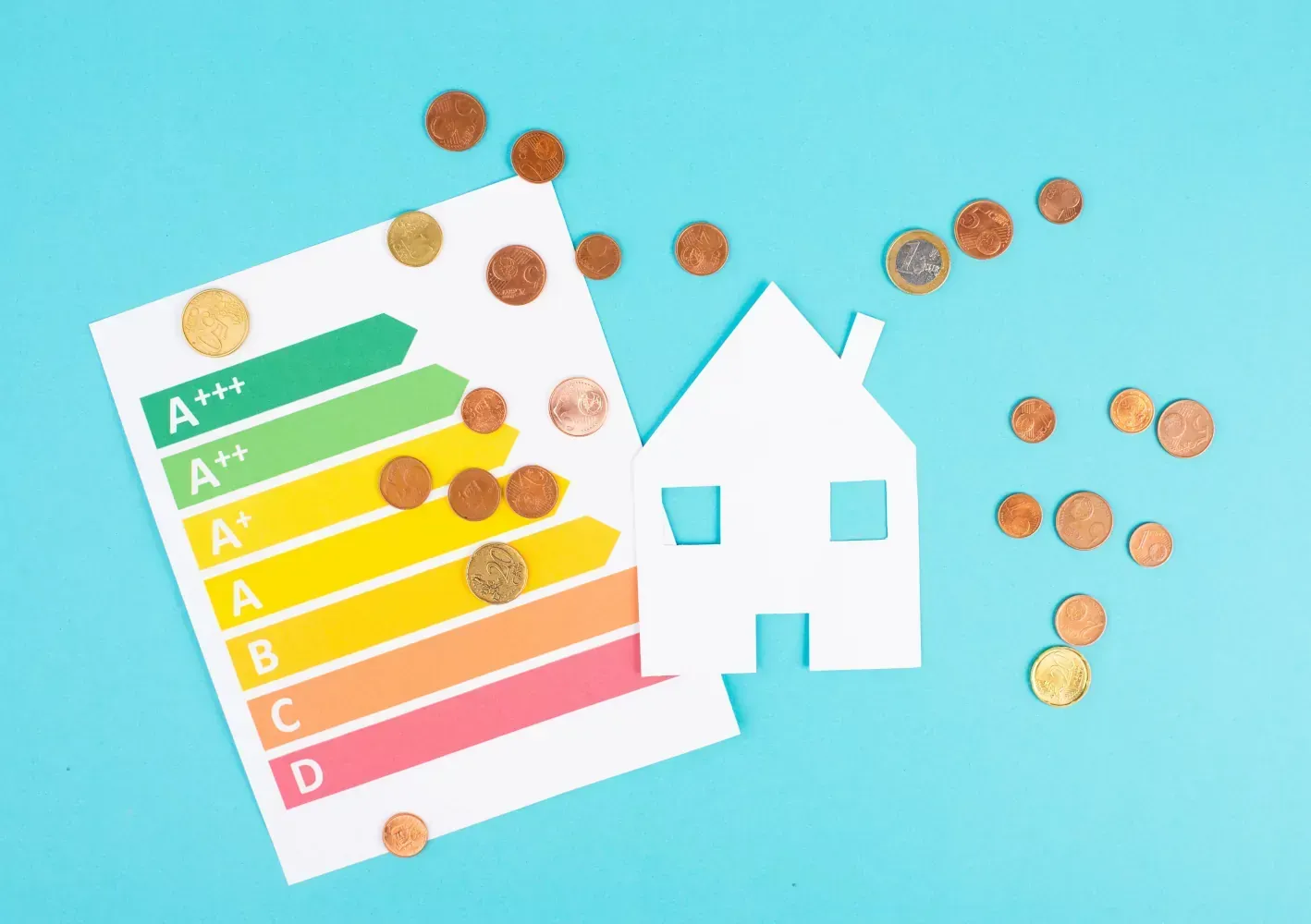 A house cut out of paper next to an energy efficiency certificate and coins on a blue background.