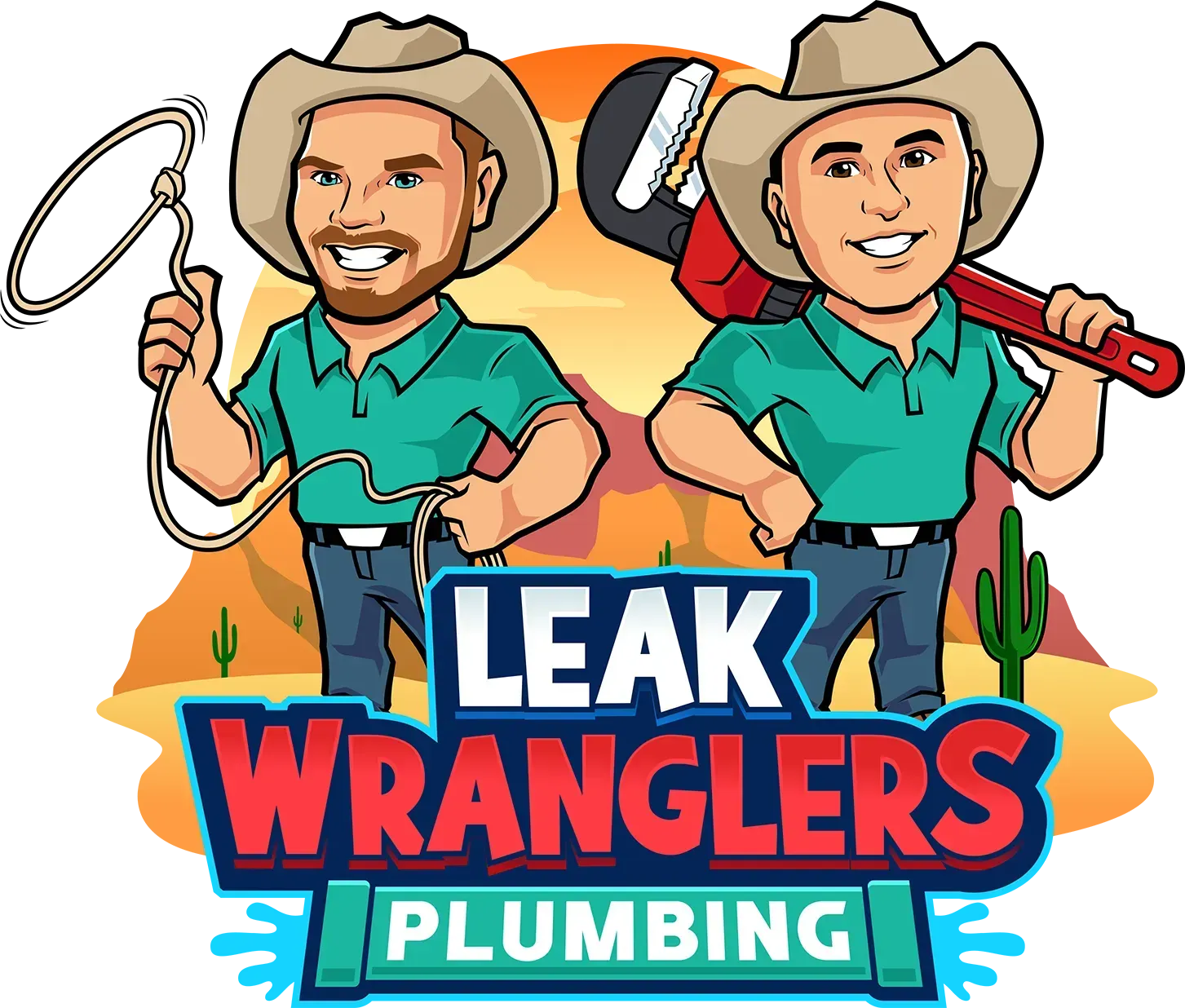 A logo for leak wranglers plumbing with two men in cowboy hats