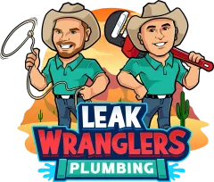 A logo for leak wranglers plumbing with two men in cowboy hats