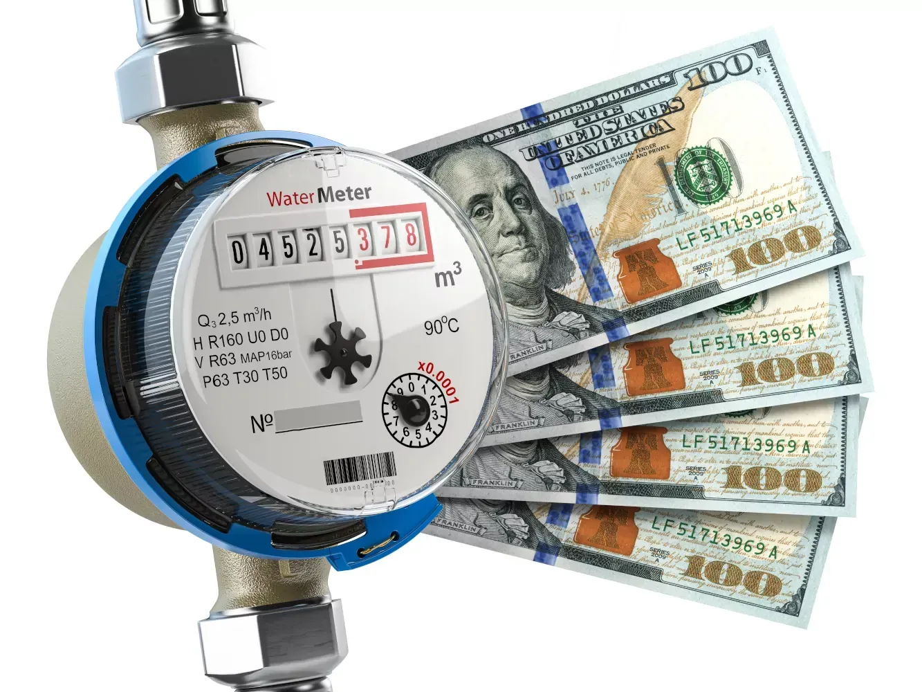 A water meter is sitting next to a pile of money.