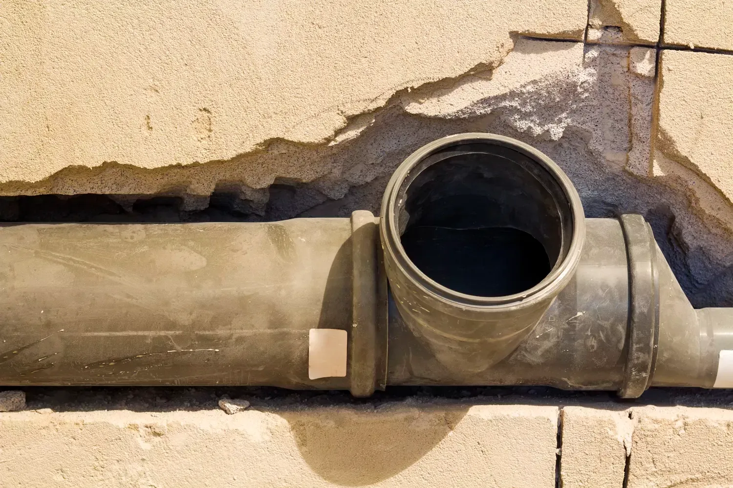 A close up of a drain pipe in a hole in a wall.