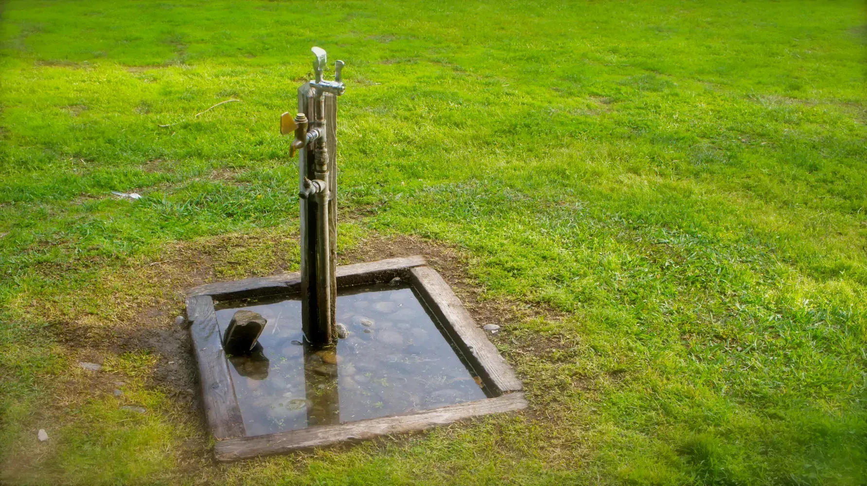 A water fountain in the middle of a grassy field.