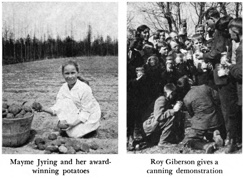 A black and white photo of mayme jyring and her award winning potatoes