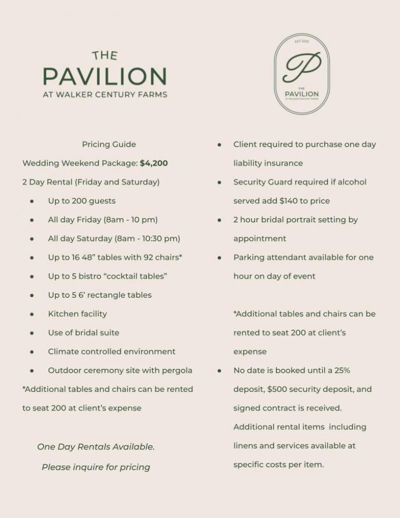  “The Pavilion at Walker Century Farms” information pricing page