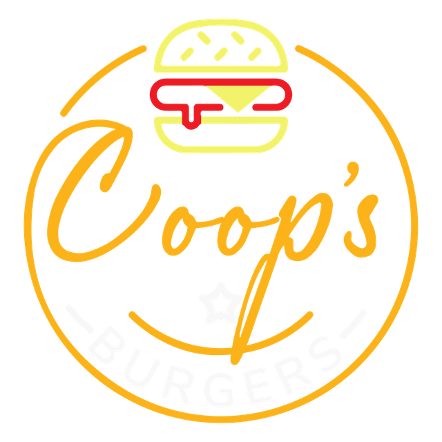 A logo for coop 's burgers with a hamburger in the center
