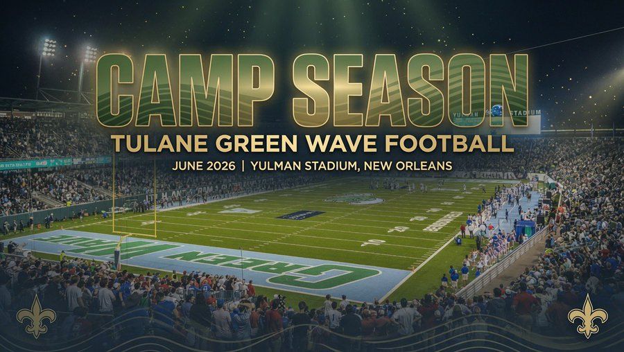 Camp Season football poster at Tulane Green Wave stadium, New Orleans, with a lit field and crowd at dusk