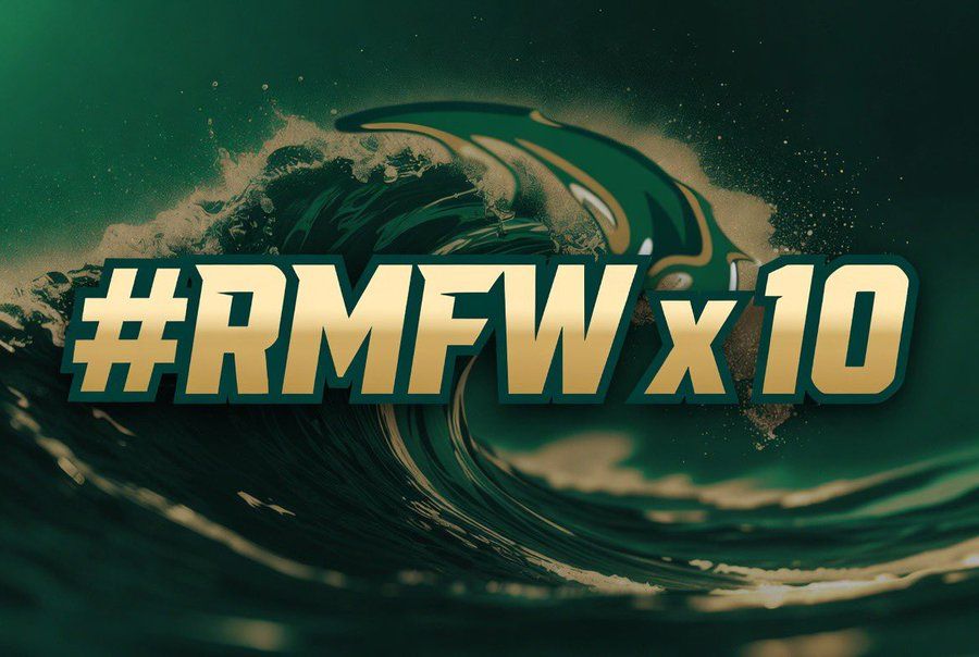 #RMFW x10 in bold gold text over a dark green swirling wave background