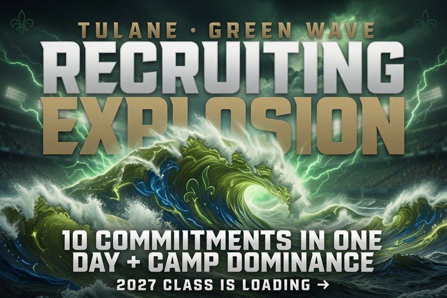 Tulane Green Wave recruiting explosion graphic with neon green lightning and 10 commitments in one day.