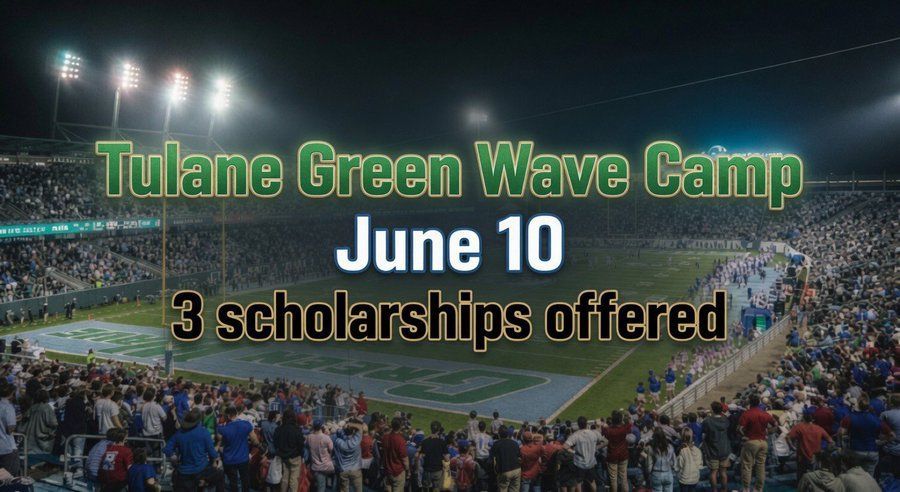 Tulane Green Wave Camp promo over stadium crowd: June 10, 3 scholarships offered