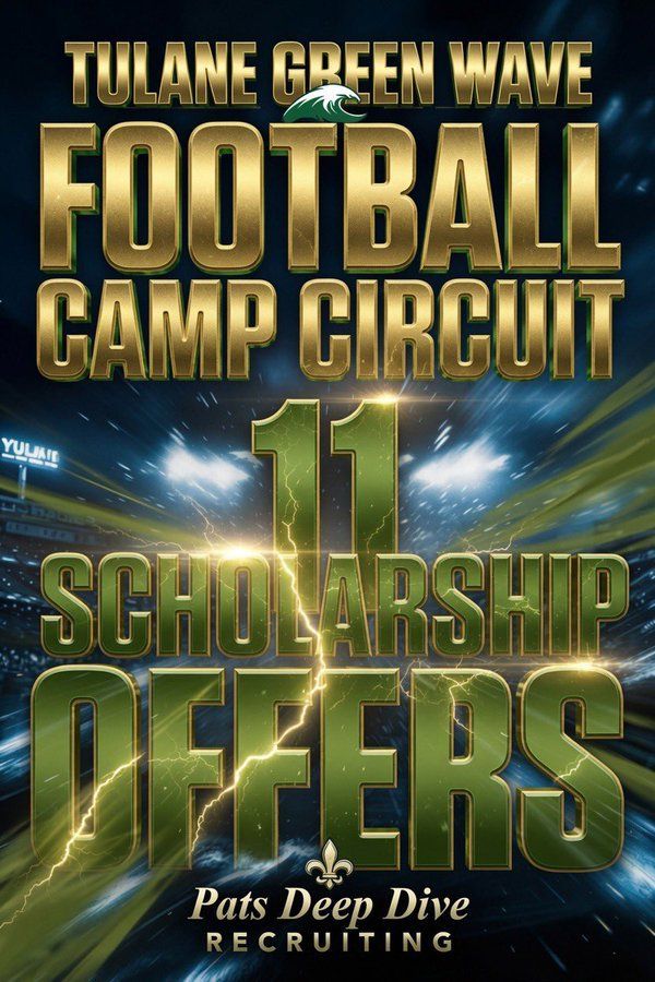 Tulane Green Wave Football Camp Circuit ad with “11 Scholarship Offers” in gold text on a dark stadium background