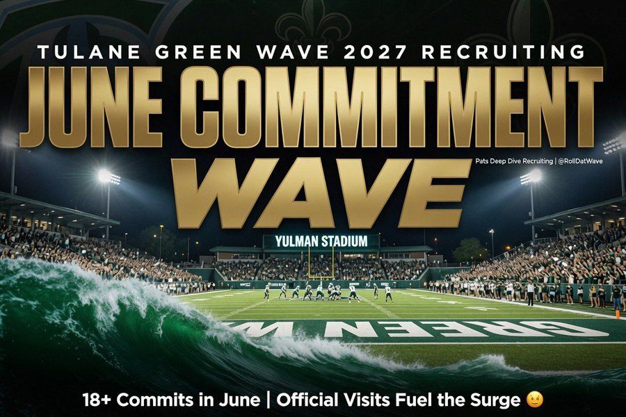 Tulane Green Wave 2027 recruiting graphic with a huge green wave at Yulman Stadium and bold “June Commitment Wave” text