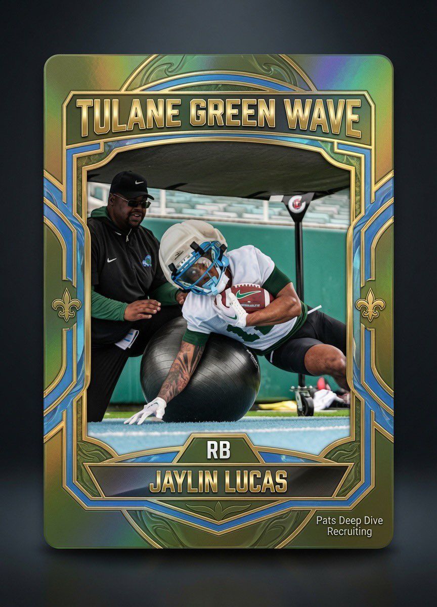 Tulane Green Wave sports card featuring Jaylin Lucas in a teal and gold border, crouching on the field
