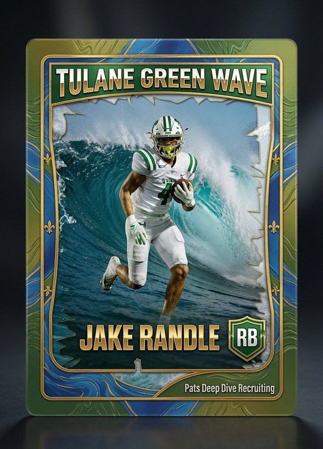 Tulane Green Wave card of Jake Randle in white uniform running on a teal-blue background
