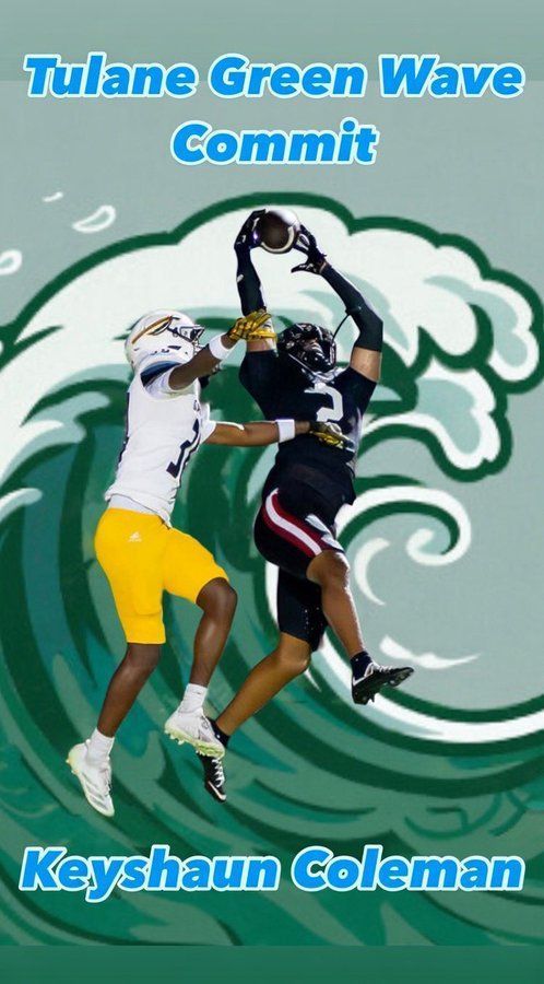 Tulane Green Wave commit Keyshaun Coleman making a catch in a football uniform against a wave backdrop