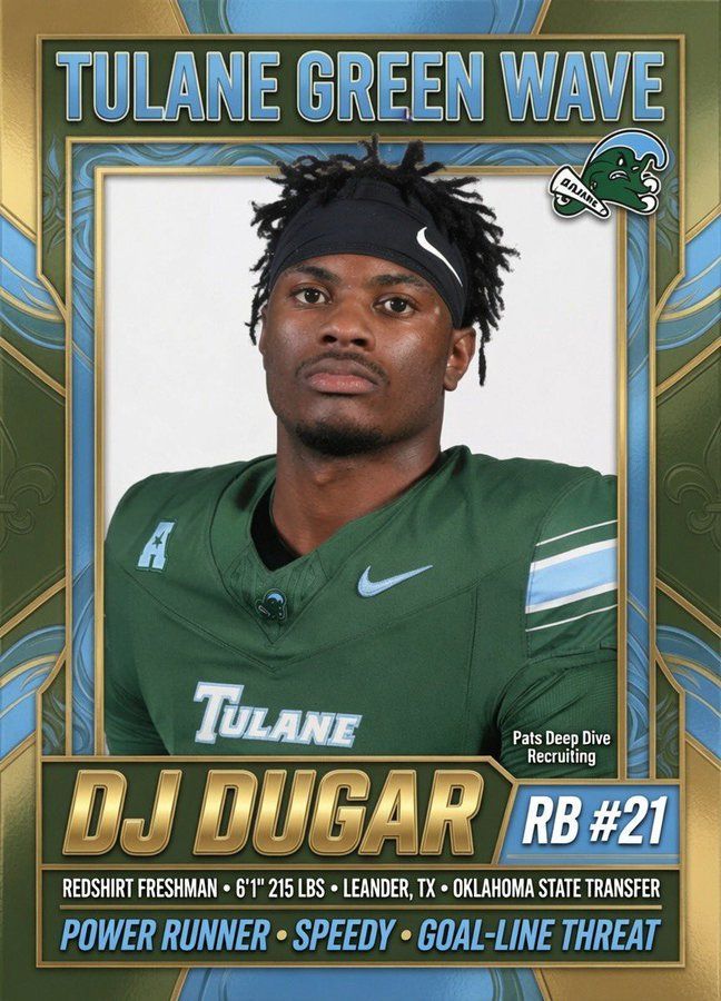 Tulane Green Wave football player DJ Duggar in green jersey portrait card
