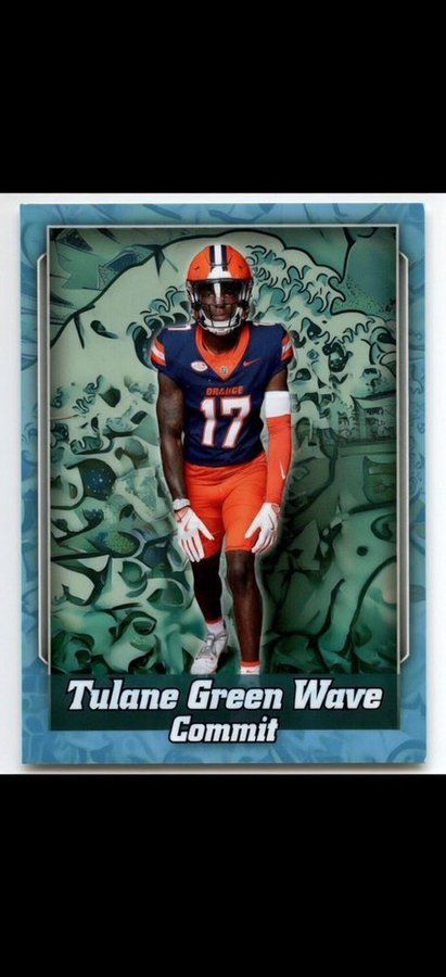 Tulane Green Wave football player in orange and navy uniform with the word “Combat” beneath him
