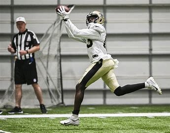 A football player is catching a ball on a field while a referee watches.
