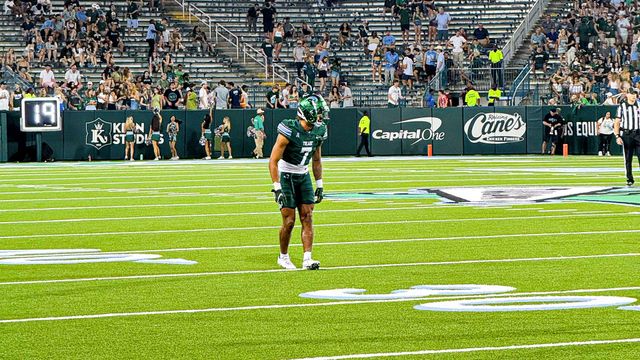 A football player is standing on the field during a game.