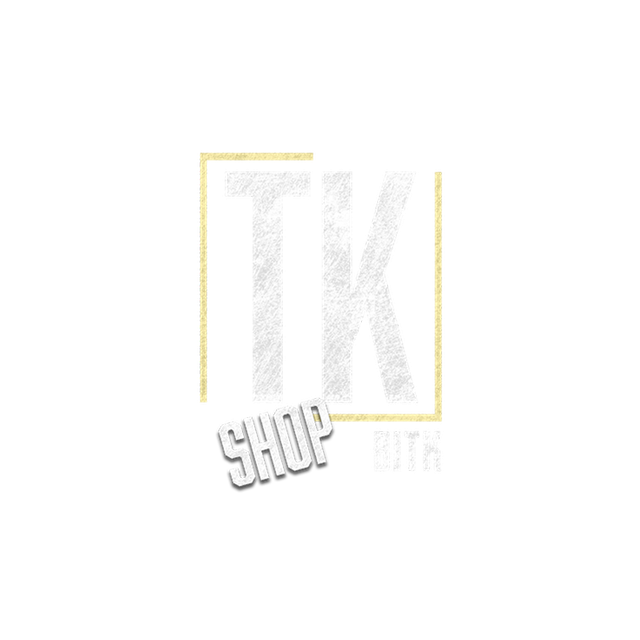 A white and gold logo for a company called tk shop.