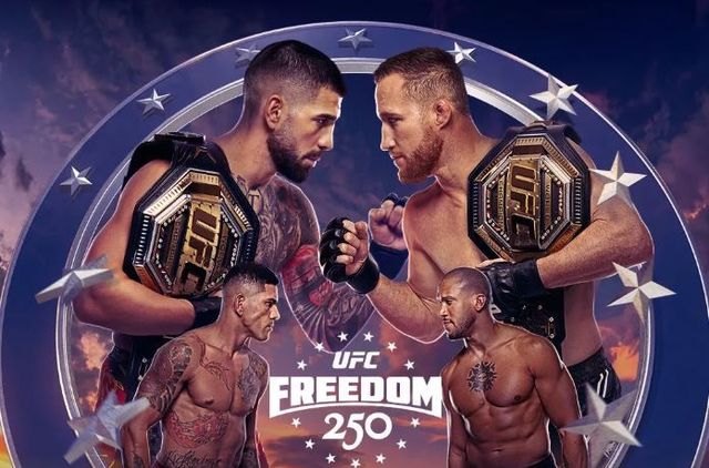 Two fighters face off with championship belts over a UFC Freedom 250 event poster.