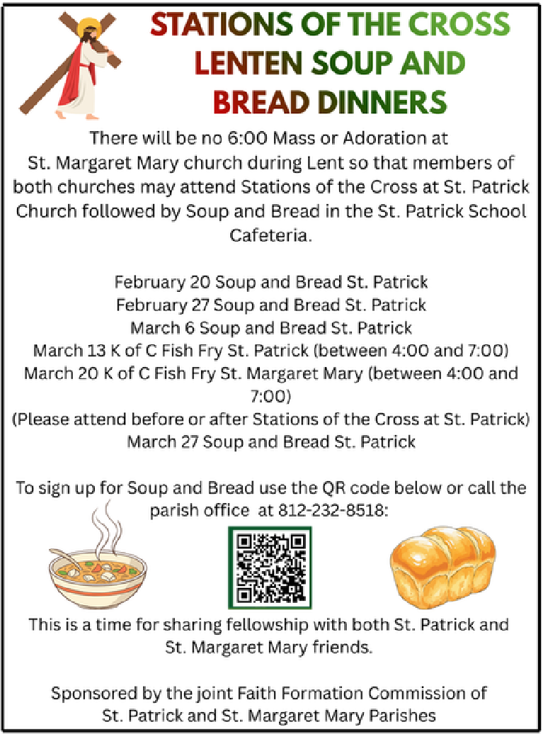 Flyer for Stations of the Cross and Lenten Soup and Bread dinners. All information repeated in plaintext elsewhere on page.