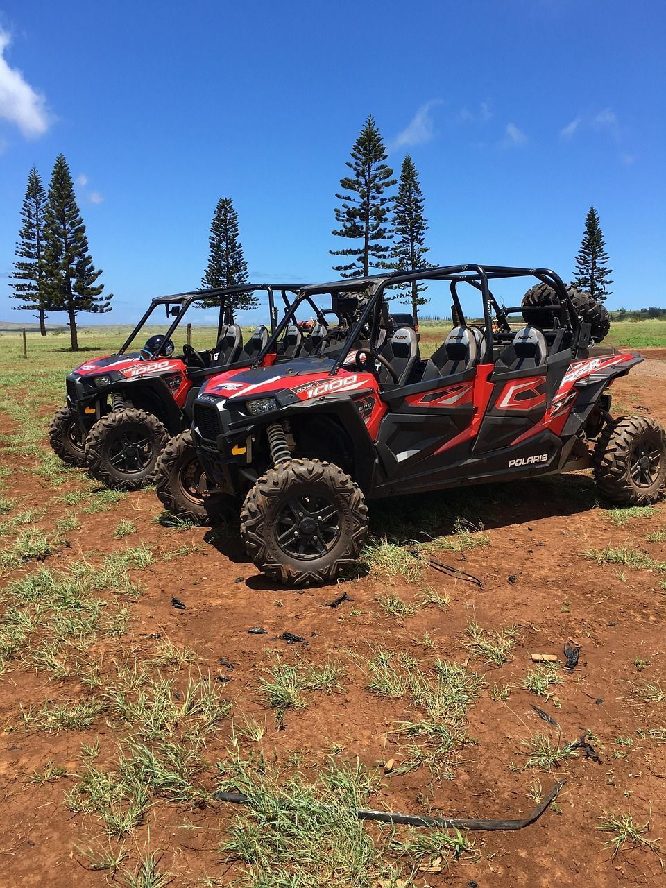 Three atvs are parked in a field with trees in the background.