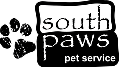 A black and white logo for south paws pet service