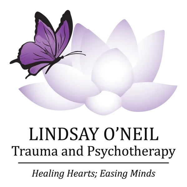 Logo for Lindsay O’Neil Trauma and Psychotherapy with a purple butterfly on a pale lotus flower.
