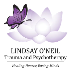 Logo for Lindsay O’Neil Trauma and Psychotherapy with a purple butterfly on a pale lotus flower.