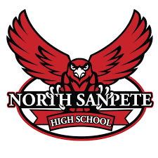 Red bird holding a sing that says North Sanpete High School