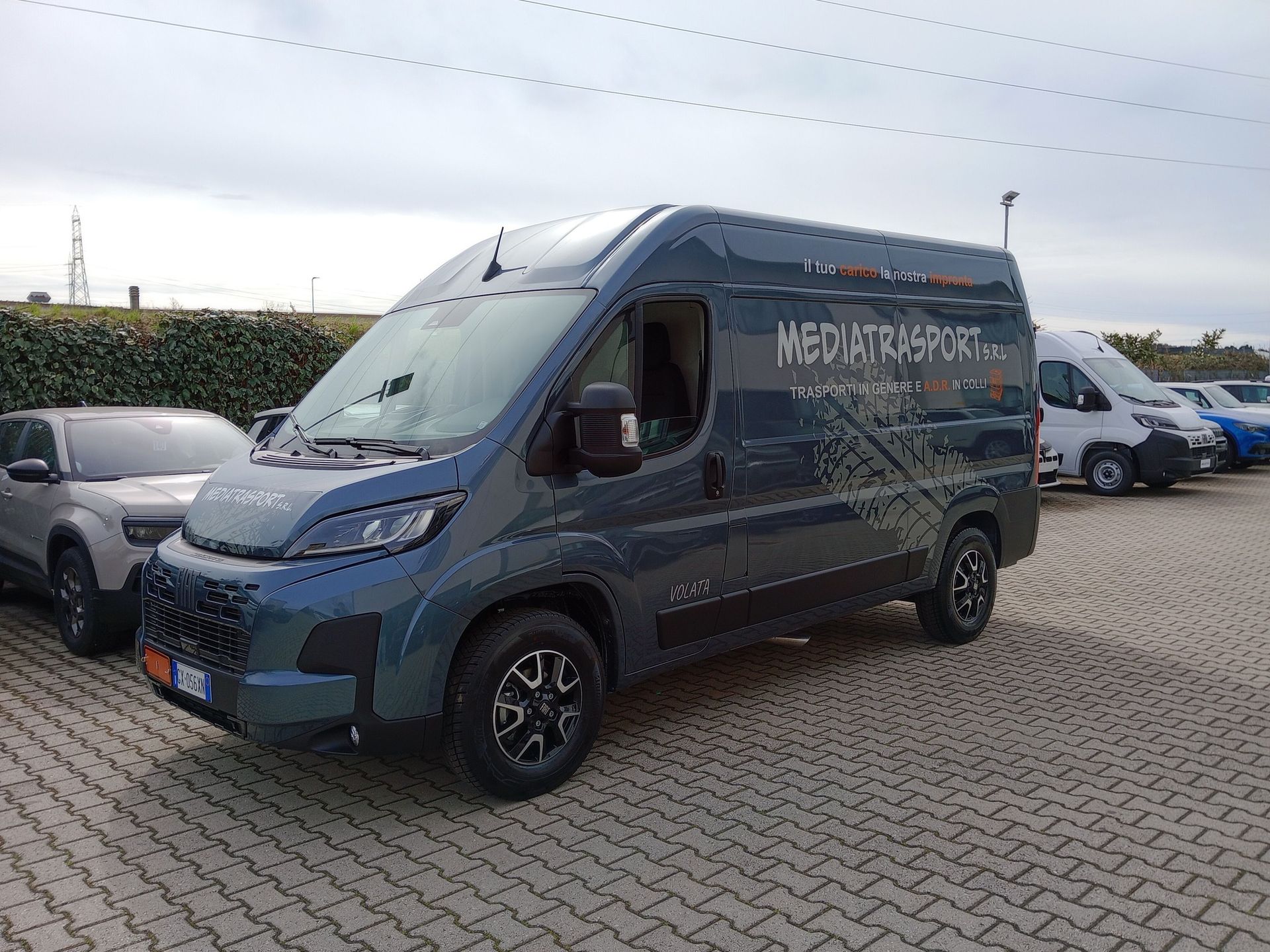Furgone grigio scuro della Meditrasport parcheggiato su un piazzale asfaltato insieme ad altri veicoli, sotto un cielo coperto.