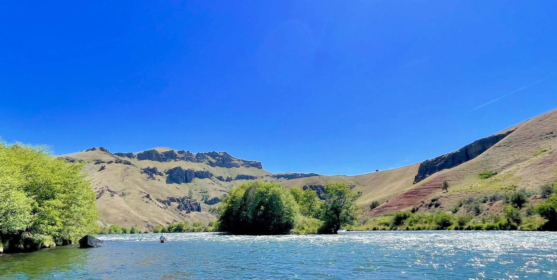 A river with mountains in the background and trees on the shore.