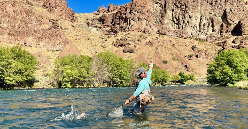 A man is fishing in a river with mountains in the background.