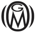 A black and white logo with the letter m in the center