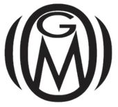 A black and white logo with the letter m in the center